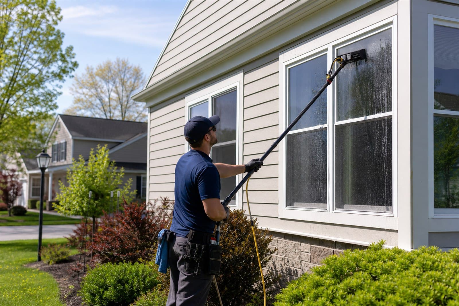 Brio Property Care technician cleaning exterior surfaces at an Erie County home